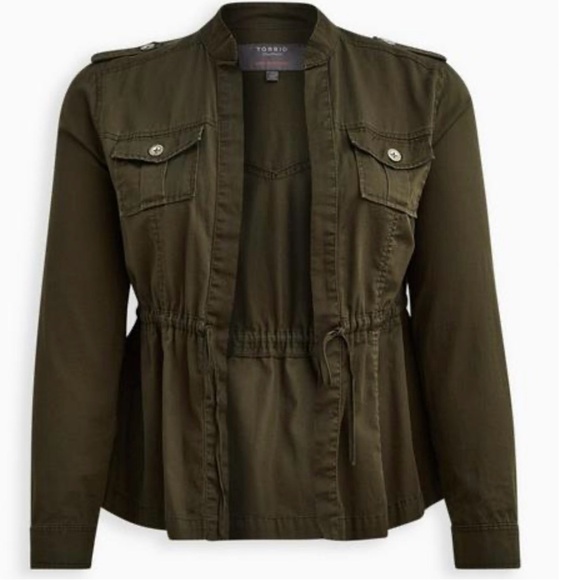 Torrid Jacket Women 00 (Med) Peplum Open Front Drawstring Retro Army Green Twill - Picture 12 of 13